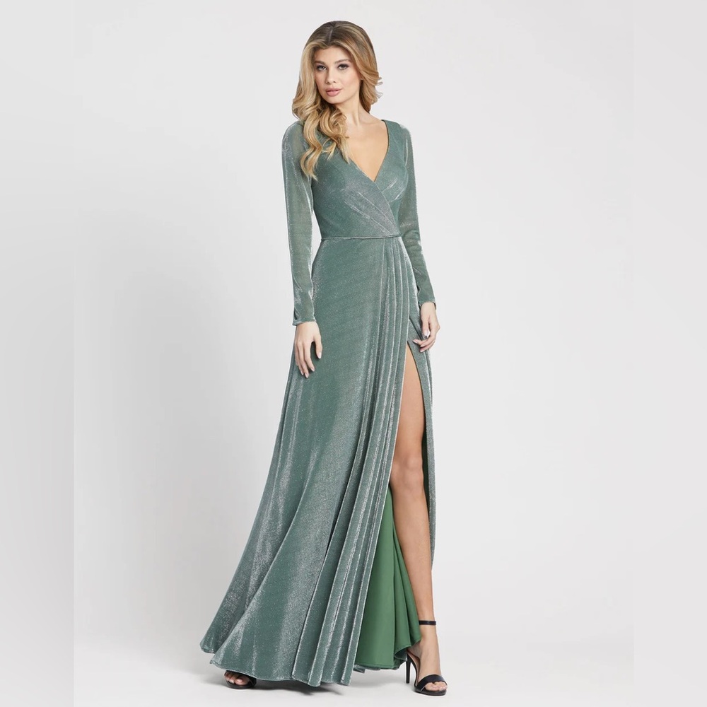 Mac Duggal Sage Green Metallic Long Sleeve Wrap Maxi Dress
